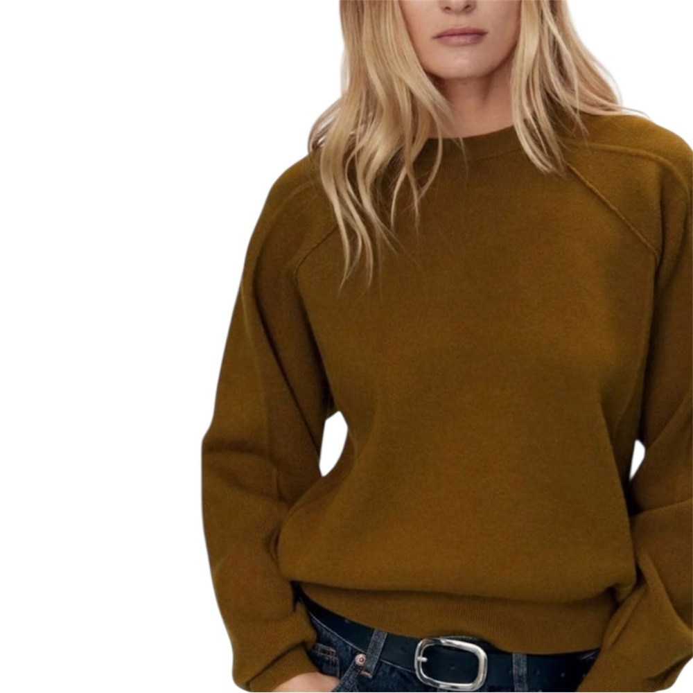 ZARA Women's Olive Crew Neck Classic Sweater